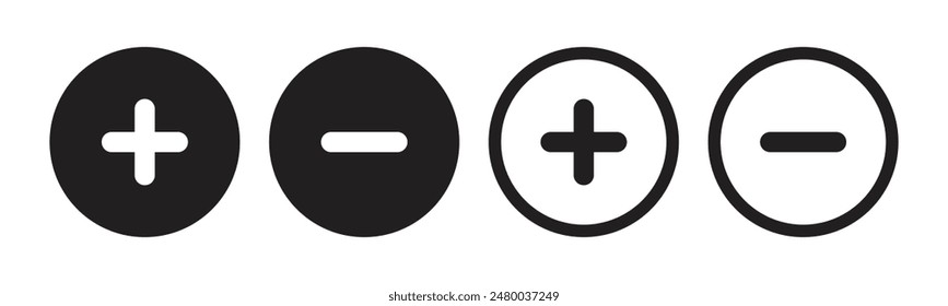 Plus, minus, add and subtract icon set in simple and stroke style in circle with black and white color. Plus and minus or add and subtract flat icons for apps and websites. Plus and minus sign set.