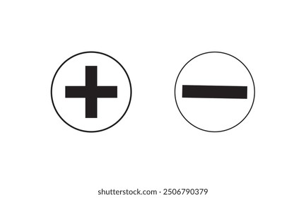 Plus, minus, add and subtract icon set in simple and stroke style in circle with black and white color. Plus and minus or add and subtract flat icons for apps and websites. Plus and minus sign set.