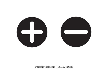 Plus, minus, add and subtract icon set in simple and stroke style in circle with black and white color. Plus and minus or add and subtract flat icons for apps and websites. Plus and minus sign set.