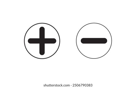 Plus, minus, add and subtract icon set in simple and stroke style in circle with black and white color. Plus and minus or add and subtract flat icons for apps and websites. Plus and minus sign set.