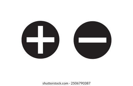 Plus, minus, add and subtract icon set in simple and stroke style in circle with black and white color. Plus and minus or add and subtract flat icons for apps and websites. Plus and minus sign set.