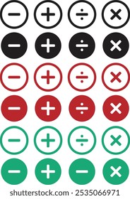 Ícones de adição, subtração e adição definidos com cores diferentes