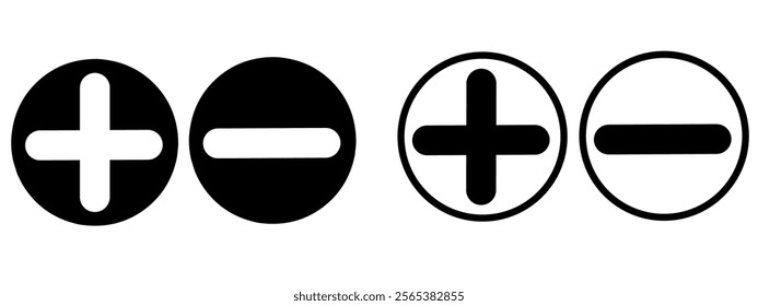 Plus, minus, add and subtract icon set in simple and stroke style in circle with black and white color. Plus and minus or add and subtract flat icons for apps and websites. Plus and minus sign. 