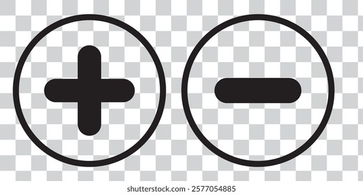 Plus, minus, add and subtract icon set in simple and stroke style in circle with black and white color. Plus and minus or add and subtract flat icons for apps and websites. Plus and minus sign set.