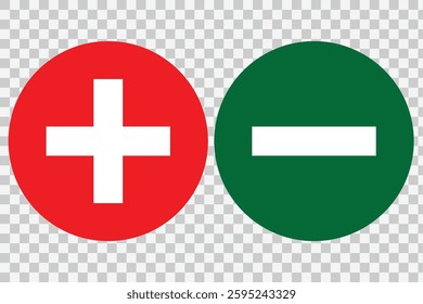 
Plus, minus or add and subtract icon set in simple and stroke style in circle with red and green color. Round plus and minus icons set. Vector illustrator. 