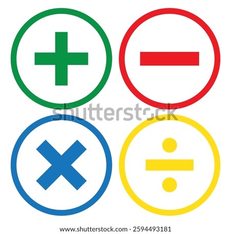 Plus, minus, add and subtract icon set in simple and stroke style in circle with colorful. Plus and minus or add and subtract flat icons for apps and websites. Plus and minus sign set. design eps 10