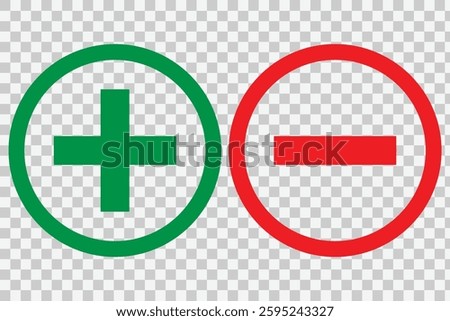 
Plus, minus or add and subtract icon set in simple and stroke style in circle with red and green color. Round plus and minus icons set. Vector illustrator. 