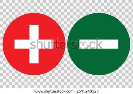 
Plus, minus or add and subtract icon set in simple and stroke style in circle with red and green color. Round plus and minus icons set. Vector illustrator. 