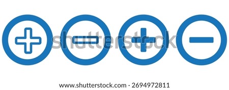 Plus, minus, add and subtract icon set in simple and stroke style in circle. Plus and minus or add and subtract flat icons for apps and websites. Plus and minus sign set. 