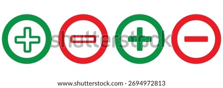 Plus, minus, add and subtract icon set in simple and stroke style in circle. Plus and minus or add and subtract flat icons for apps and websites. Plus and minus sign set. 