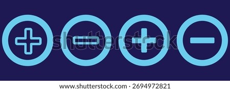Plus, minus, add and subtract icon set in simple and stroke style in circle. Plus and minus or add and subtract flat icons for apps and websites. Plus and minus sign set. 