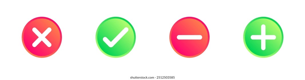 Os ícones de conjunto de acréscimo e subtração, concordo e discordo. Estilo plano. Ícones de vetor.