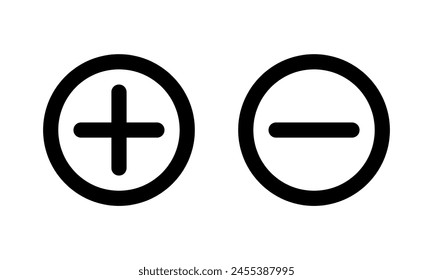 Plus minus black round outline icons. Positive and negative symbols.