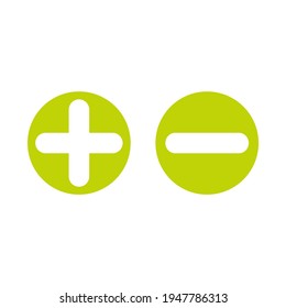 Plus and minus buttons in circle.  Olive green flat vector icons isolated on white. Add or plus purchase pictogram. Good for web and mobile design.