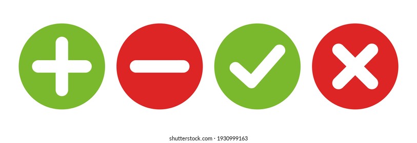 Plus, minus, check mark and cross calculator icons in flat style. Positive negative circle button. Mathematical symbols isolated on white background. Plus minus vector icon collection. Vector illustra