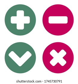 Plus minus and check mark flat icons within circles red and green.