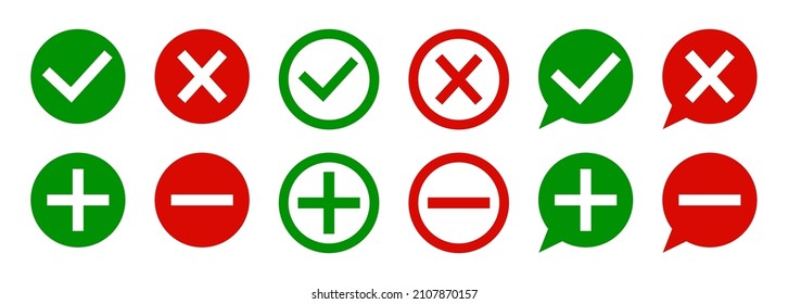 Plus, minus, checkmark and cross icons. Sign for negative or positive mark. Green and red buttons. Symbol of check, incorrect, right, add and less. Flat pictogram icons. Vector.