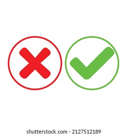 Plus, minus, checkmark and cross icons. Sign for negative or positive mark. Green and red buttons. Symbol of check, incorrect, right, add and less. Flat pictogram icons. Vector.