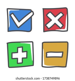 Plus, minus, checkmark and cross marks vector doodle illustration