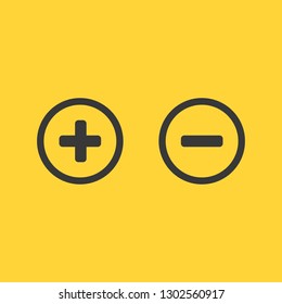 Plus and minus in circle connected electric circuit with pulse. Vector illustration isolated on yellow background.