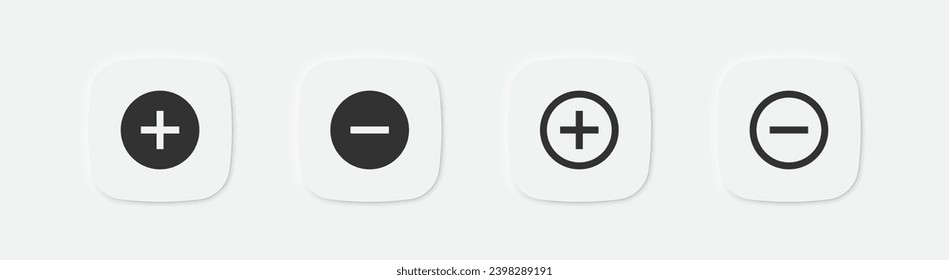 Además, menos en el icono de círculo. Añadir, borrar símbolo. Signos de adición. Símbolos médicos y de emergencia. Iconos de botón positivos negativos. Signo aislado del vector.