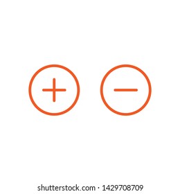 plus and minus in circle.  red thin flat vector icons isolated on white. Add or plus purchase pictogram. Good for web and mobile design.