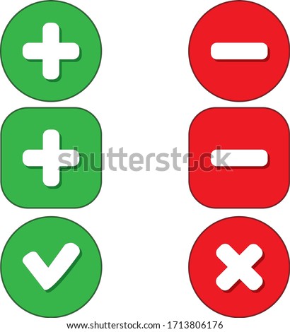 plus minus, cross, check mark button, vector color command set