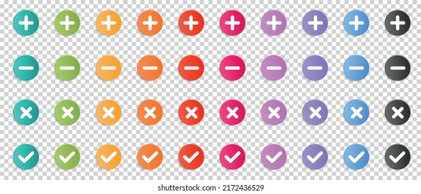 Plus, Minus, Decline And Accepted Button Set - Colorful Vector Illustrations Isolated On Transparent Background