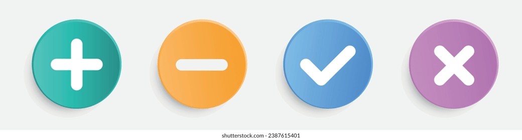Plus, Minus, Decline And Accepted Button Set - Colorful Vector Illustrations Isolated On White Background