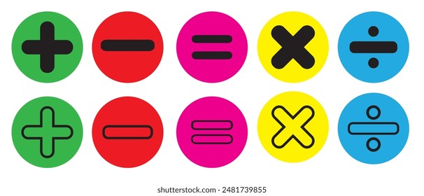 Plus minus equal multiply divide icon set on white background. Math symbol with round shape and different color. Add sign. Calculator button symbol. vector illustration.