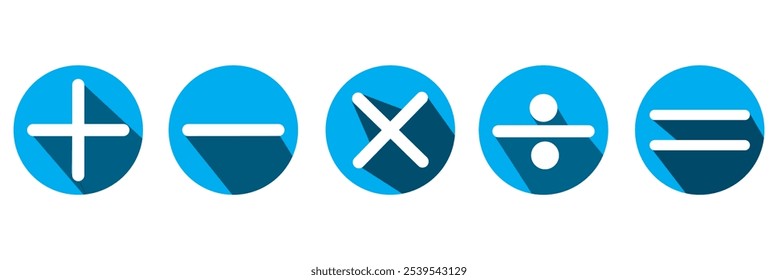 Ícone de divisão de multiplicação de sinal de adição menos definido no plano de fundo branco. Símbolo matemático com forma redonda e cor diferente. Adicione o sinal. Símbolo do botão Calculadora. eps 10