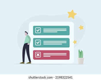 Plus or minus feedback survey as quality check with online survey form. Concept of quality test, client feedback, customer review checklist. Flat design vector illustration