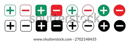 Plus and minus icon buttons set in circle and square shapes. Vector illustration on transparent background