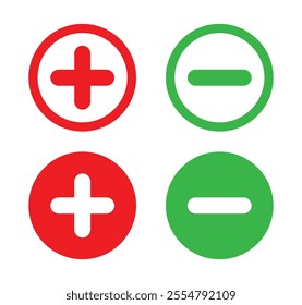 Plus, and minus icon in flat and outline style vector illustration on white background. Add and subtract icon in red and green color For web and website. 