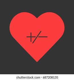 Plus or minus icon flat. Simple pictogram on heart background. Vector illustration symbol