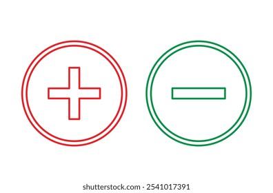 Vetor de contorno de ícone de adição e subtração. vetor de sinais simples de adição e subtração. Conjunto de botões de forma de ícone de Sinal de Mais e Sinal de Menos. Adicione, zoom, cruz, símbolo de logotipo positivo. Ilustração vetorial. Arquivo Eps 38.