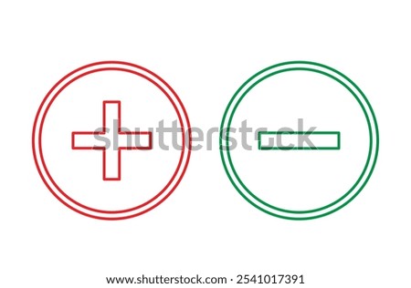 Plus and minus icon outline vector. vector of simple plus and minus signs. Plus and Minus icon shape button set. Add, zoom, cross, positive logo symbol. Vector illustration. Eps file 38.