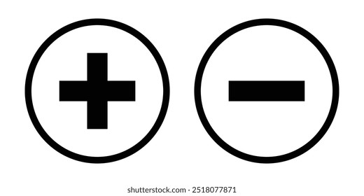Icono más y menos. Conjunto de iconos de signo más y menos redondos. Conjunto de más y menos iconos aislados sobre fondo blanco. Ilustración vectorial. EPS 10