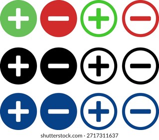 ícone de adição e subtração, adicionar e remover símbolos em círculos coloridos, ilustração de vetor plana