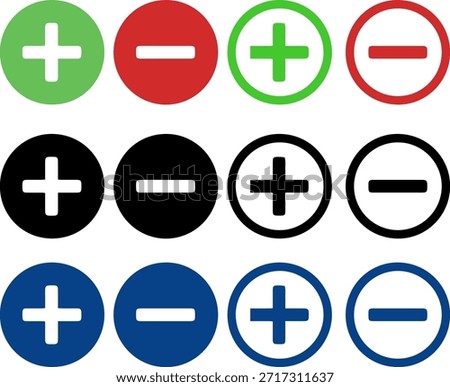 plus and minus icon set, add and remove symbols in colorful circles, flat vector illustration