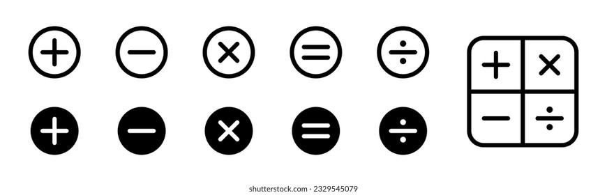 Plus, Minus-Symbol gesetzt. Rechner, Mathematiksymbol. Plus, minus, multiplizieren, gleich und dividieren