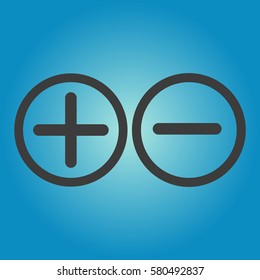 Plus and minus icon set in circle. Flat vector illustration in black on white background.