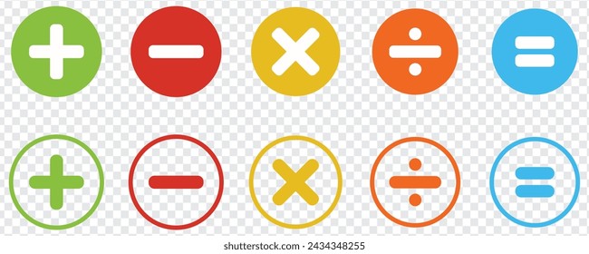 Plus and minus icon set. Math symbol. Add sign. Multiply icon. Calculator button, business finance concept in vector flat