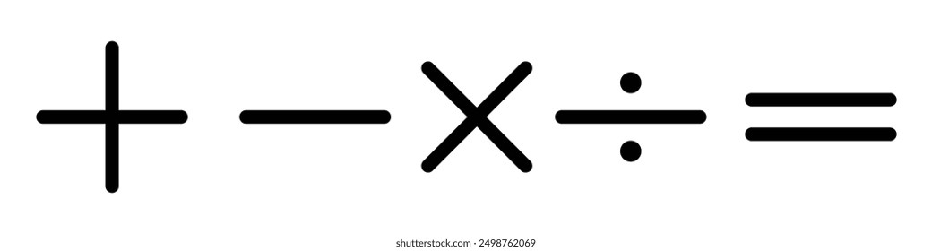 Plus minus icon set. Mathematical symbols: plus, minus, multiplication, division, equals.  Isolated vector on a white background.  Black confirm icons set, calculation icon. 