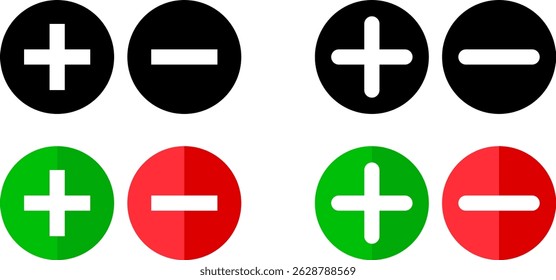 plus minus icon set. medical or pharmacy icon. red and green color. multiplying round button. add icon symbol
