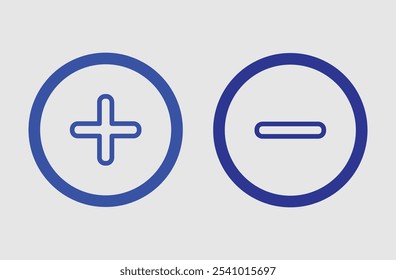 Plus and Minus icon shape button set. Add, zoom, cross, positive logo symbol. Plus and minus icon outline vector. vector of simple plus and minus signs. Vector illustration. Eps file 49.