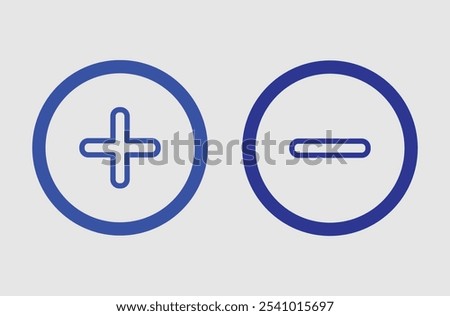 Plus and Minus icon shape button set. Add, zoom, cross, positive logo symbol. Plus and minus icon outline vector. vector of simple plus and minus signs. Vector illustration. Eps file 49.