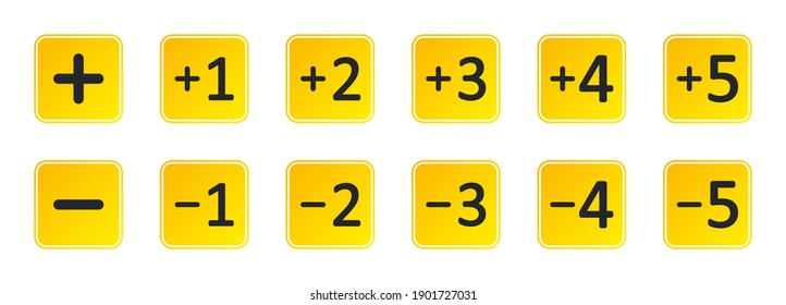 Plus and minus icon. Sign of plus for mark and add more number. Symbol of minus for web button. Logo with 1, 2 and 3 number for positive or negative information. Set of orange stamps. Vector.