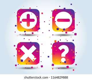 Plus and minus icons. Delete and question FAQ mark signs. Enlarge zoom symbol. Colour gradient square buttons. Flat design concept. Vector