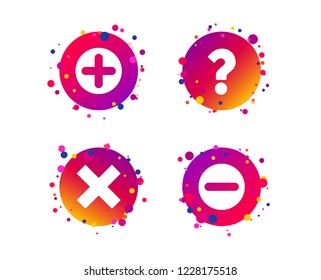 Plus and minus icons. Delete and question FAQ mark signs. Enlarge zoom symbol. Gradient circle buttons with icons. Random dots design. Vector